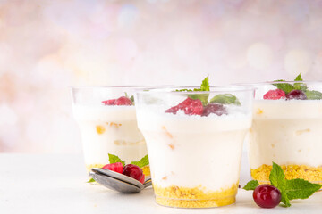 Christmas portioned cheesecakes in glass, made from golden sugar cookie crumble, layered with white mascarpone cream cheese, sugar powder and cranberry decor, copy space