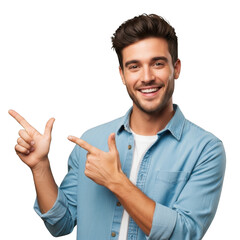 Smiling man points left and right with joyful expression isolated on white background