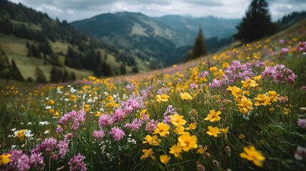 Obraz premium Field of wild yellow and pink flowers on a sunny hillside. The shallow depth of field keeps the foreground flowers in sharp, beautiful focus.