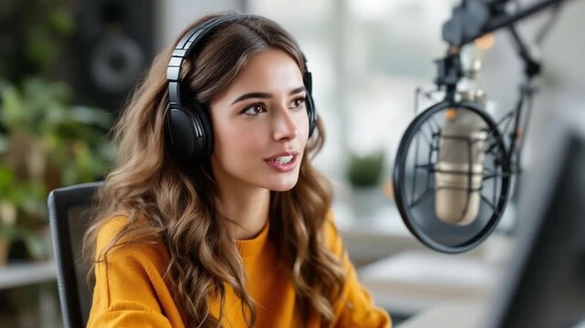 Young Woman Recording Podcast with Professional Microphone and Headphones.