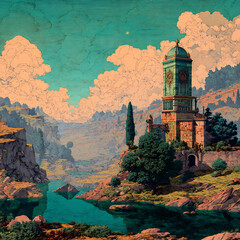 surrealist landscape artwork featuring an old stone tower near water with a unique etched line texture