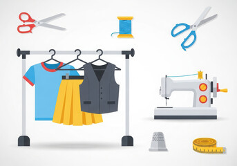 Sewing and fashion design elements on white background