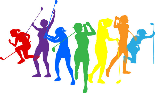 Silhouette golf player set. Active golfers golfing sports people healthy players fitness silhouettes concept.