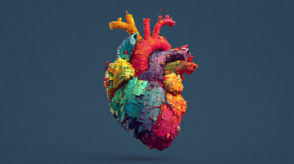  three dimensional rendering of a complex colorful heart structure composed of vibrant geometric block shapes