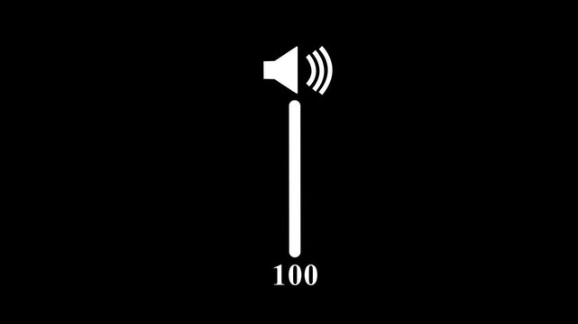 animated white volume slider icon on black background showing 100 percent audio level, sound control interface element with waves representing sound, digital interface concept motion graphic with no r