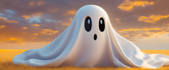 Cute white ghost with big black eyes in golden field. Small ghost character standing alone at sunset. White cloth ghost illustration in golden meadow.