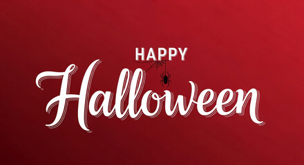 Red background with white stylized "Happy Halloween" text and small spider graphic, creating a festive Halloween design ideal for greeting cards or digital media