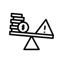 Balance Scale Weighing Stacked Coins Against Warning Triangle Symbol Representing Financial Risk And Uncertainty With Transparent Background Outline Icon