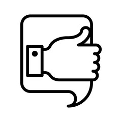 Black and White Line Art Icon of a Thumbs Up Gesture Emerging from a Speech Bubble on a Transparent Background Symbolizing Approval and Positive Feedback