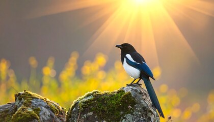 Ethereal Bird Perched on Rock at Sunrise.