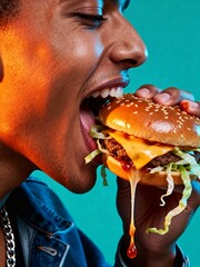 Closeup of a man taking a big bite out of a juicy cheeseburger with lettuce and dripping sauce