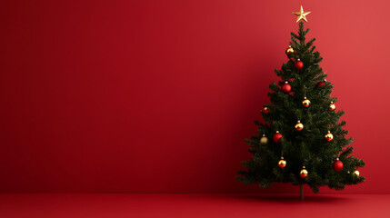 Christmas tree with ornaments and star on a red background.  Festive holiday celebration with evergreen branches and decorative spheres.