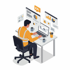 Isometric Detail Man Analyzing KPI Data on Laptop at Office Desk