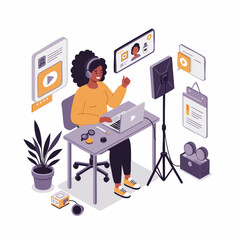 Isometric Cheerful Woman Streaming with Laptop and Professional Lighting Set Illustration