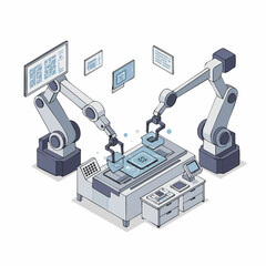 Isometric Pixel Style Industrial Robotic Arms Assembly Line Manufacturing Process Illustration