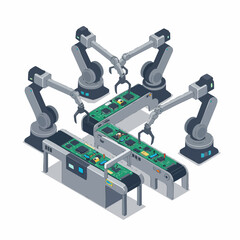 Isometric Precision Assembly Line with Robotic Arms Manufacturing Electronics Illustration