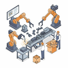 Isometric Detailed Automated Robotic Assembly Line Industrial Process Illustration
