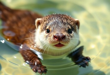 Fototapeta premium Close-up of a playful otter pup swimming in clear water, underwater, adorable