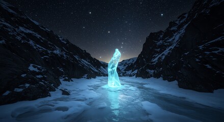 Mystical glowing ice formation in a dark, star-lit frozen river canyon at night, surrounded by towering rock walls.