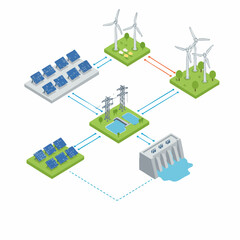 Isometric Detailed Sustainable Energy Resource and Distribution Network Diagram Illustration
