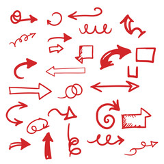 Collection of hand drawn red arrows and doodles with swirls and squares on a white background