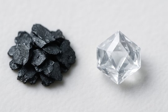 Graphite flakes and faceted diamond side by side, macro comparison of carbon allotropes with sharp detail and contrast
