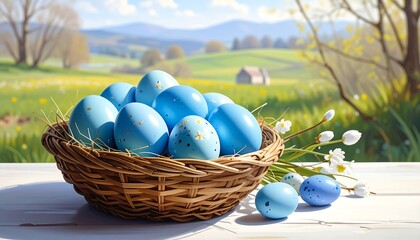 Blue Easter Eggs in a Basket, Springtime Scene.
