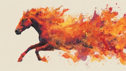 Dynamic image of a horse running forward white its body transforms into flames and splashes of colors on white background. Fire horse New Year 2026 illustration. Generative AI