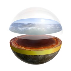 Stunning scientific cross-section reveals dynamic planet layers from molten core to oceanic surface, perfect for educational and geological visuals.