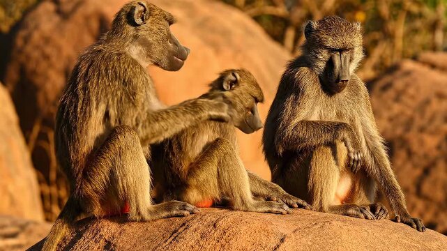 Three baboons sitting together on a rock grooming each other