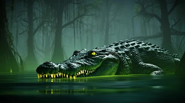 A large alligator with glowing yellow eyes rests in the murky green water of a dark, foggy swamp. Bare trees with hanging moss create a mysterious and slightly menacing atmosphere in the background.
