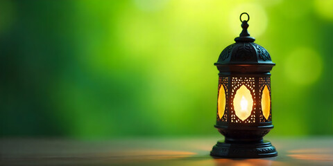 Ramadan Background  Islamic Lanterns Hanging on Branches with Warm Light and Green Background Ramadan or Eid Concept. Green, natural, outdoor Background