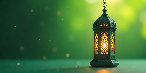 Ramadan Background  Islamic Lanterns Hanging on Branches with Warm Light and Green Background Ramadan or Eid Concept. Green, natural, outdoor Background