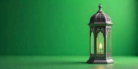 Ramadan Background  Islamic Lanterns Hanging on Branches with Warm Light and Green Background Ramadan or Eid Concept. Green, natural, outdoor Background