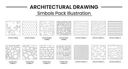 Landscape Architecture CAD Vector Patterns Set. Grass, Water, Stone, Wall, and Texture Elements