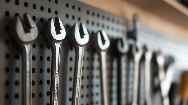 Organized Wrenches: Tools neatly hung on a pegboard for easy access in a workshop or garage. Perfect for DIY projects and automotive repairs.