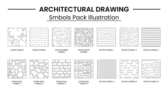 Landscape Architecture CAD Vector Patterns Set. Grass, Water, Stone, Wall, and Texture Elements