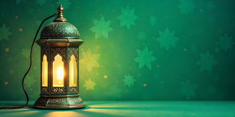 Ramadan Background  Islamic Lanterns Hanging on Branches with Warm Light and Green Background Ramadan or Eid Concept. Green, natural, outdoor Background
