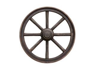 Wood grain texture on aged wagon wheel centers a white surface, ideal for vintage ads, historical documentaries or Old West branding.