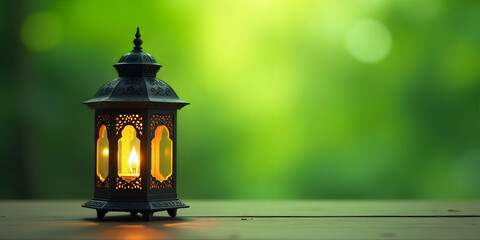 Ramadan Background  Islamic Lanterns Hanging on Branches with Warm Light and Green Background Ramadan or Eid Concept. Green, natural, outdoor Background