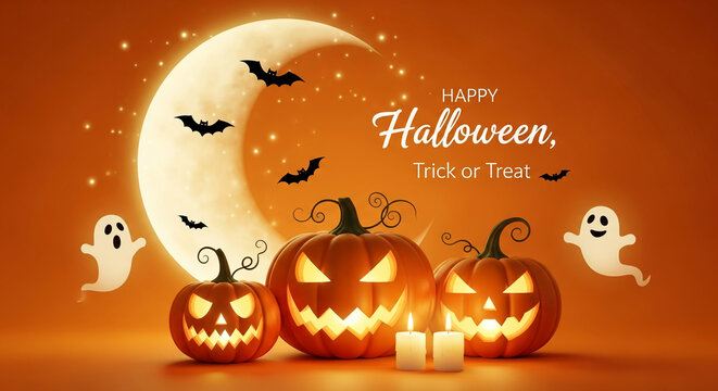 Three carved pumpkins, ghosts, bats, and a crescent moon on an orange background, creating a festive Halloween scene ideal for greeting cards or party invitations
