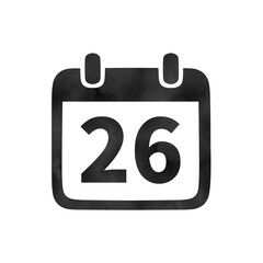 Hand-drawn black silhouette calendar icon with watercolor texture showing the number 26. Perfect for monthly schedules, event planning, and digital calendars.
