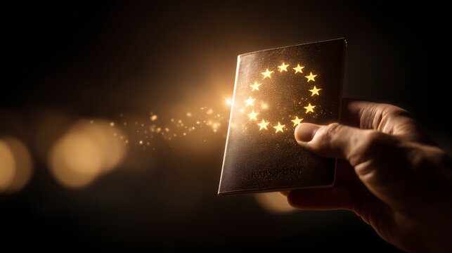 Hand holding European Union passport, symbolizing freedom of movement, citizenship, travel, and European identity