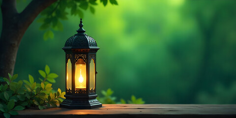 Ramadan Background  Islamic Lanterns Hanging on Branches with Warm Light and Green Background Ramadan or Eid Concept. Green, natural, outdoor Background