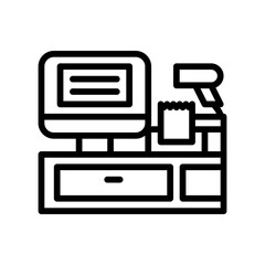 Black Outline Icon of a Cash Register with Monitor and Scanner on Transparent Background