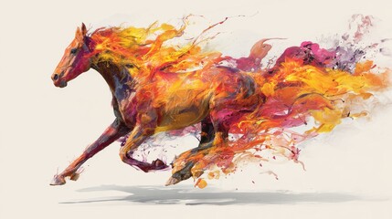 Dynamic image of a horse running forward white its body transforms into flames and splashes of colors on white background. Fire horse New Year 2026 illustration. Generative AI