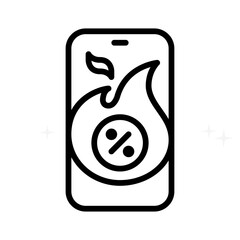 Black Outline Icon of a Smartphone Displaying a Fiery Percentage Symbol and Flame on Transparent Background