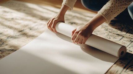 Obraz premium Hands rolling out a large, blank white sheet of paper on an patterned rug in a brightly lit room. Preparation for a creative project or display.