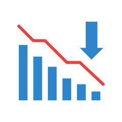 Blue Bar Chart Showing Downward Trend with Red Line and Down Arrow on Transparent Background