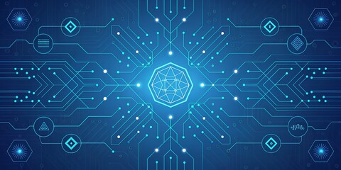 Futuristic blue digital circuit board pattern with glowing central fingerprint symbol